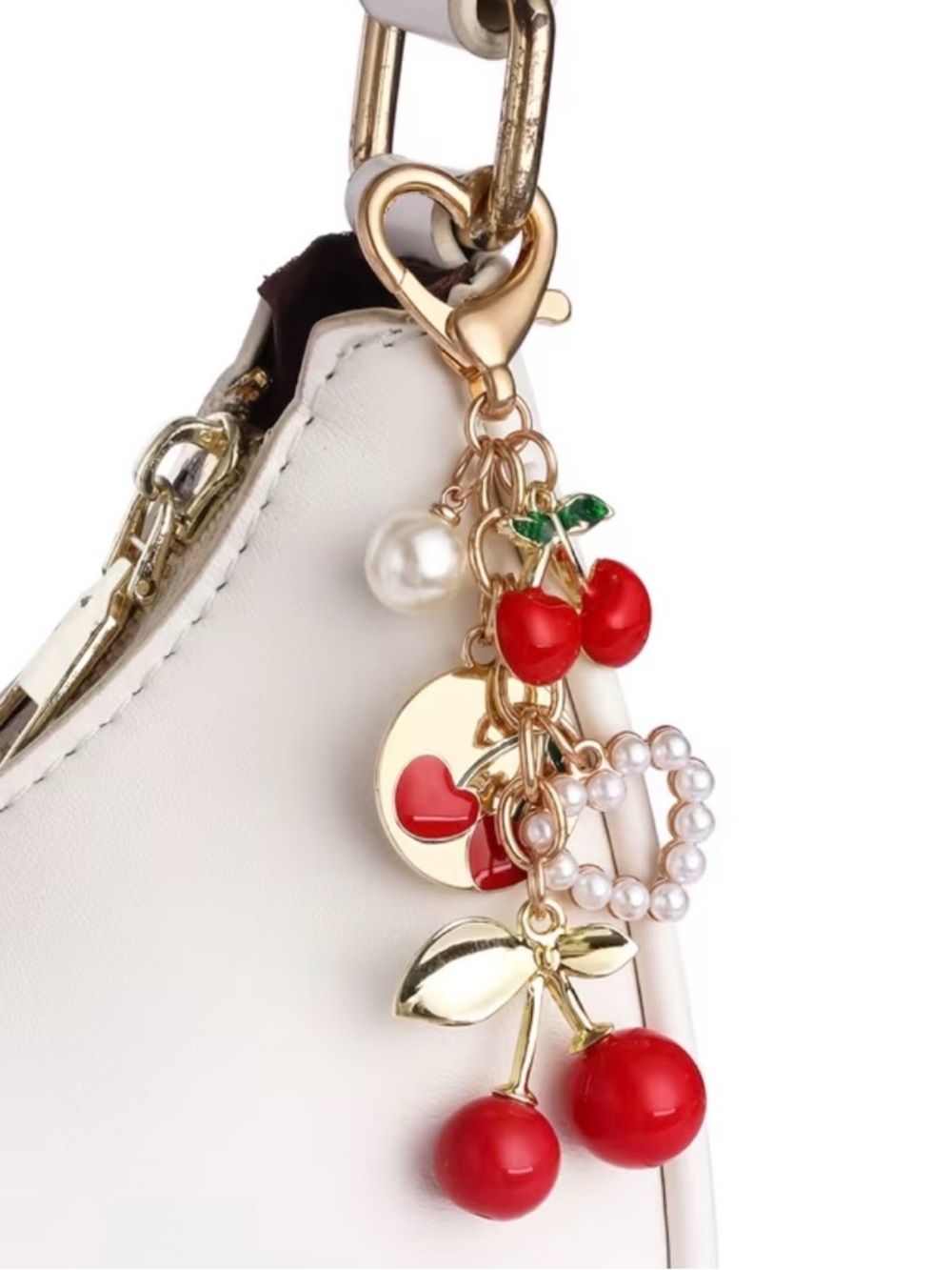 Charming Red Cherry Pearl Heart Bag Charm Keychain